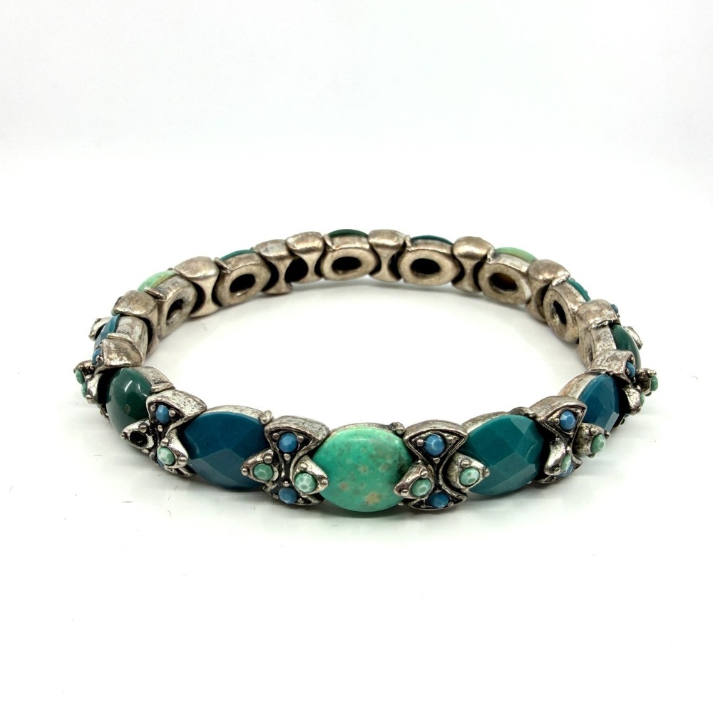 Vintage Boho Silver Tone Teal Green Faux Turquoise Stretch Bracelet